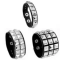 Punk gothic black leather bracelet set with metal pyramid studs, wide rock biker wristbands. - Single Row / Silver
