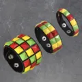 Colorful pyramid stud wide leather bracelet 3-piece set punk style wristband variant - Single Row / Red Yellow and Green