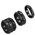 3-piece punk rock pyramid studded leather bracelet set, black crackle cuff wristband. - Single Row / White and Light Blue Veined