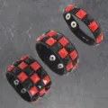 3-piece punk leather rivet bracelet set with red black square studs, cool style wristband. - Single Row / Black and Red