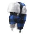 Blue and black plaid winter bomber hat detail, plush faux fur lining, face mask, and ear flaps. - One Size / Blue and Black Plaid