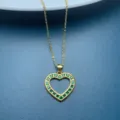 Gold-plated heart pendant necklace with green stones, delicate clavicle chain for women. - Green