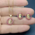 Vintage gold portrait jewelry set with pink crystal necklace and matching elegant earrings. - Red