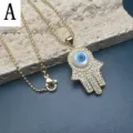 Gold Plated Hamsa Hand Evil Eye Necklace with Mother of Pearl Pave Crystal Pendant - Style A