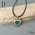 Heart blue evil eye pendant necklace with black cord, 17mm fashion jewelry detail view. - Letter D