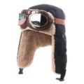 Gros plan sur le bonnet aviateur rétro avec lunettes, doublure en polaire épaisse pour cyclisme d'hiver. - Taille unique / Chapeau Noir Avec Lunettes Argentées Bronze