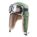 Vintage winter aviator hoed met bril, gevoerde trapper muts voor buiten fietsen en kou. - Eén maat / Groen + Zilveren Frame Transparante Lens