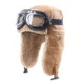 Retro pilotenmuts detail, bruine canvas buitenkant met warme lamsvollen voering en winddichte bril. - Eén maat / Khaki + Zilveren Frame Transparante Lens