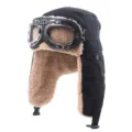 Vintage pilotenmuts met skibril, kunstvacht gevoerde oorklep pet voor koude winter buitenfietsen. - Eén maat / Zwart + Zilveren Frame Transparante Lens