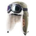 Winter Pilotenmütze mit Schutzbrille, dicker Canvas und warmes Plüsch für Outdoor Radfahren. - Einheitsgröße / Silberrahmen Bunte Brille / Armeegrün