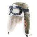 Cappello aviatore inverno con occhiali, tela verde militare e pelliccia sintetica, caldo. - Taglia unica / Occhiali Trasparenti Montatura Argento / Verde militare