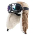 Details der dicken Canvas Pilotenmütze mit Schutzbrille und warmen Plüsch-Ohrenklappen. - Einheitsgröße / Silberrahmen Bunte Brille / Khaki