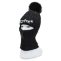 Black knitted balaclava winter hat with pom pom zipper and stylish super embroidery design - One Size / Black