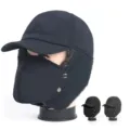 Winter bomber hat with detachable face mask and ear flaps, thick warm baseball cap for cold. - One Size / Blue