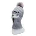 Women Grey Knitted Balaclava Winter Warm Zipper Hooded Hat with Fluffy Pom Poms - One Size / Gray