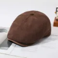 Brown corduroy newsboy cap, retro British style flat ivy hat, comfortable autumn winter wear. - Adjustable / Coffee