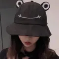 Black bucket hat with cute frog ears and embroidered smile face, casual sun hat for spring and summer. - Adjustable / Black