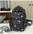 Black star print canvas backpack for school, casual daily commuter travel daypack with pockets. - No Pendant / L / Black