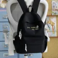 Casual black canvas backpack with yellow embroidery slogan and white drawstrings daily use. - No Pendant / L / Black