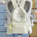 Cute light yellow embroidered canvas backpack for school girls, fresh summer daily daypack. - Moon Charm / L / White
