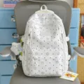 Cute white student school backpack featuring a lovely star and dot pattern for daily casual use. - Backpack (Blue Bow Cat) / Off White