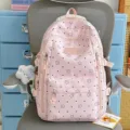 Pink cute star polka dot backpack, casual school bookbag for students and travel daily. - Backpack (Blue Bow Cat) / Pink