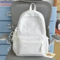 White canvas backpack with colorful bow embroidery, cute school bag for women and teens. - White with Charm