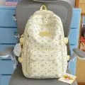 Yellow polka dot star school backpack cute student bookbag casual daypack with cute pendants. - Backpack (Blue Bow Cat) / Yellow