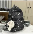 Black star print backpack with cute plush bunny pendant, stylish school bag for students and teens. - With Charm / L / Black