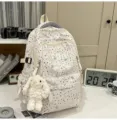 Trendy star print canvas backpack with cute rabbit pendant for students and daily use. - With Charm / L / White