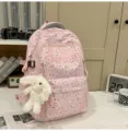 Pink star print school backpack with cute plush bunny pendant and front pocket embroidery. - With Charm / L / Pink