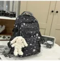 Black star print canvas backpack with cute rabbit pendant for daily student casual use. - No Pendant / S / Black