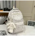 Casual star printed canvas backpack with cute plush bunny pendant for daily student commuting. - No Pendant / S / White