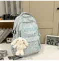 Light blue star pattern student backpack with cute plush bunny pendant and straps. - No Pendant / S / Blue
