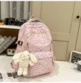 Pink star print school backpack with cute rabbit pendant, trendy daily casual rucksack for students. - No Pendant / S / Pink
