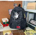 Sac à dos noir imprimé étoiles, cartable décontracté pour étudiant avec joli pendentif voyage - Noir + Étoile Pois avec Chaîne de Perles