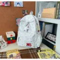 Sac à dos d'étudiant imprimé d'étoiles avec poche avant et pendentif pour les voyages. - Gris + Étoile Pois avec Chaîne de Perles