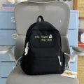 Black canvas student backpack with yellow embroidery typography and white drawstrings for daily use. - No Pendant / S / Black