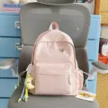 Pink canvas school backpack with cute embroidery and pendant, sweet casual style daypack for teens. - Moon Charm / S / Pink