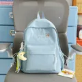 Light blue canvas school backpack with cute front embroidery pocket daily casual bag for girls - Moon Charm / S / Blue
