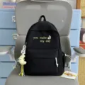 Black canvas backpack for students with cute embroidery letters and spacious compartments daily use - Moon Charm / S / Black