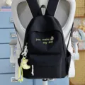 Black canvas school student backpack with cute letter embroidery and moon pendant. - Moon Charm / L / Black