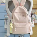 Pink canvas backpack with cute embroidery and moon pendant, ideal for daily school and casual use. - Moon Charm / L / Pink