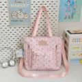 Cute pink star polka dot canvas tote bag, Japanese style student shoulder bag with multi pockets. - Tote Bag (Blue Bow Cat) / Pink