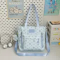 Cute Japanese style blue star dot tote shoulder bag for student school travel and daily use. - Tote Bag (Blue Bow Cat) / Blue