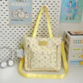 Japanese style cute star polka dot canvas shoulder bag student casual tote bag with front pockets. - Tote Bag (Blue Bow Cat) / Yellow