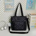 Japanese ins style black canvas tote bag with cute white polka dot star pattern for school travel. - Tote Bag (Blue Bow Cat) / Black