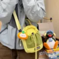 Green yellow plaid bucket bag with cute orange pendant stylish casual crossbody bag for outdoor travel - Persimmon Kitten Pendant / Yellow