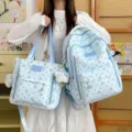 Japanese ins cute polka dot star college style school bag two-piece set backpack for students - Two-Piece Set (Blue Bow Cat) / Blue