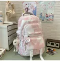 Zaino in tela tie-dye rosa per liceali, elegante borsa scolastica estetica e casual. - Palla di Pelo Bianca Con Gambe Lunghe / Rosa